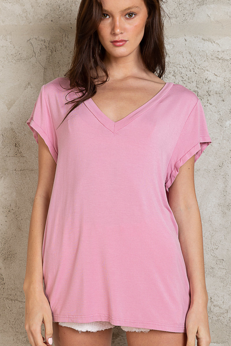 Relaxed Fit V-Neck Knit Short Sleeve Top - Pink