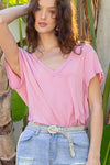 Relaxed Fit V-Neck Knit Short Sleeve Top - Pink