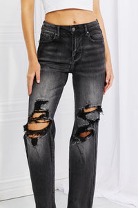 RISEN High Rise Distressed Straight Black Denim Jeans