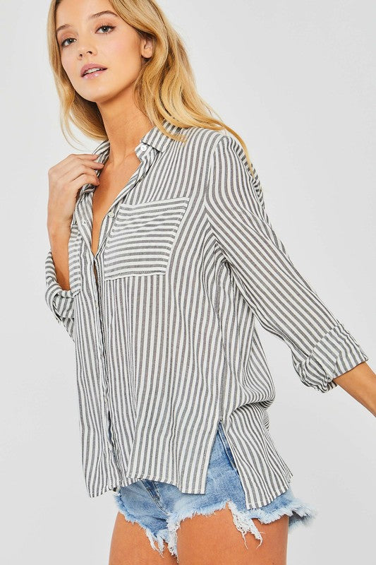 Striped Roll Up Sleeve Button Down Shirt