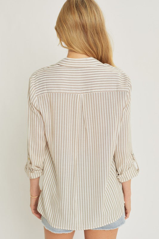 Striped Roll Up Sleeve Button Down Shirt