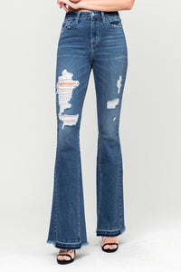 Flying Monkey High Rise Distressed Release Hem Flare Jeans F4048