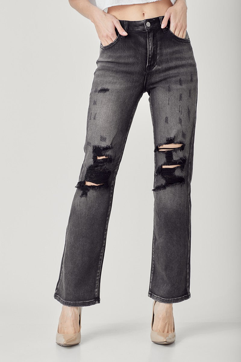 RISEN High Rise Distressed Straight Black Denim Jeans