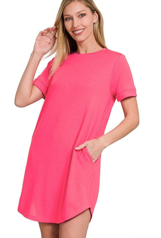 Rolled Short Sleeve Casual Dress