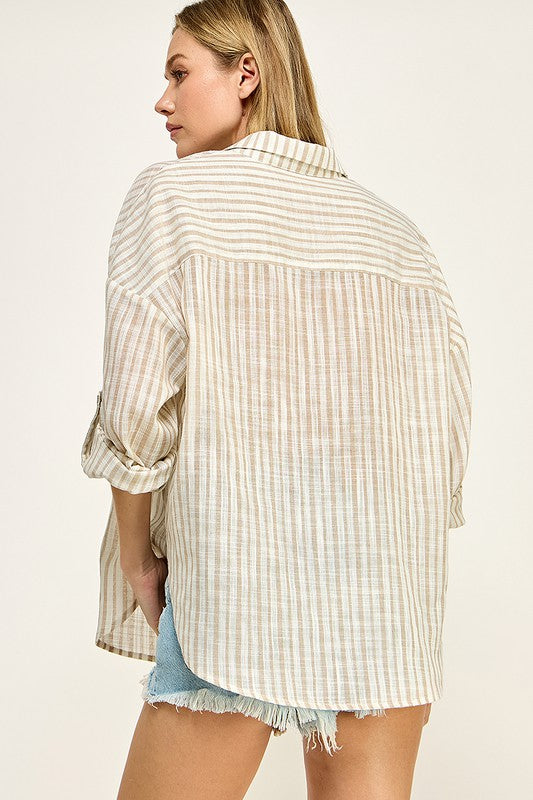 Linen Striped Lightweight Button Down Shirt
