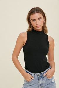 Ribbed Knit Mock Neck Tank Top - Black