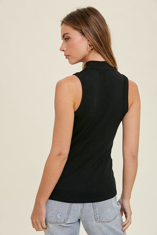 Mock Neck Sleeveless Rib Knit Top in Black - Retro, Indie and Unique Fashion