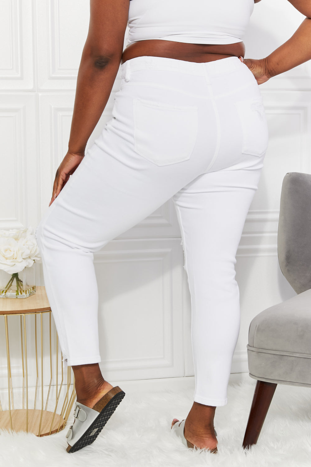 Kancan High Rise Slim Straight Distressed White Denim Jeans