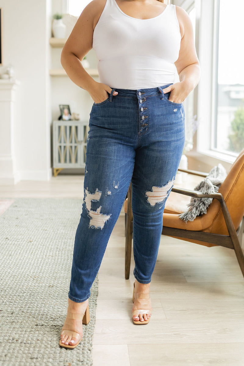 Judy Blue High Rise Button Fly Distressed Boyfriend Jeans