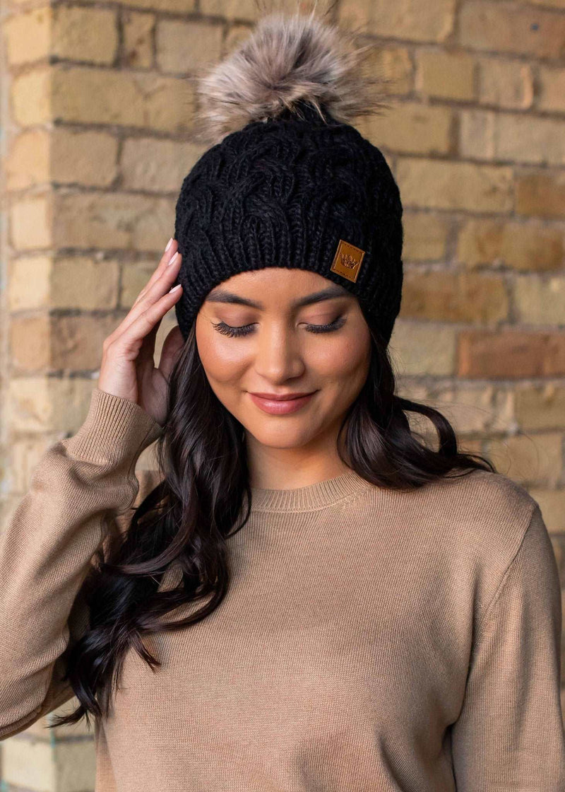 Black Cable Knit Fleece Lined Hat