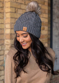 Charcoal Cable Knit Fleece Lined Hat