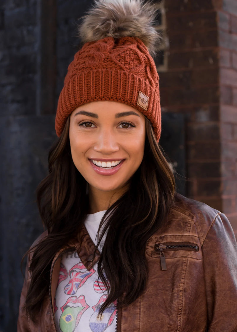 Rust Cable Knit Fleece Lined Hat