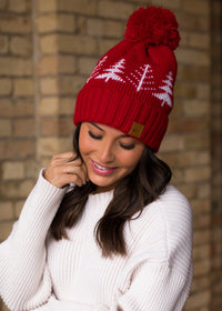 Red w/ White Trees Knit Fleece Lined Hat