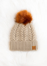 Tan Cable Knit Fleece Lined Hat w/ Rust Pom