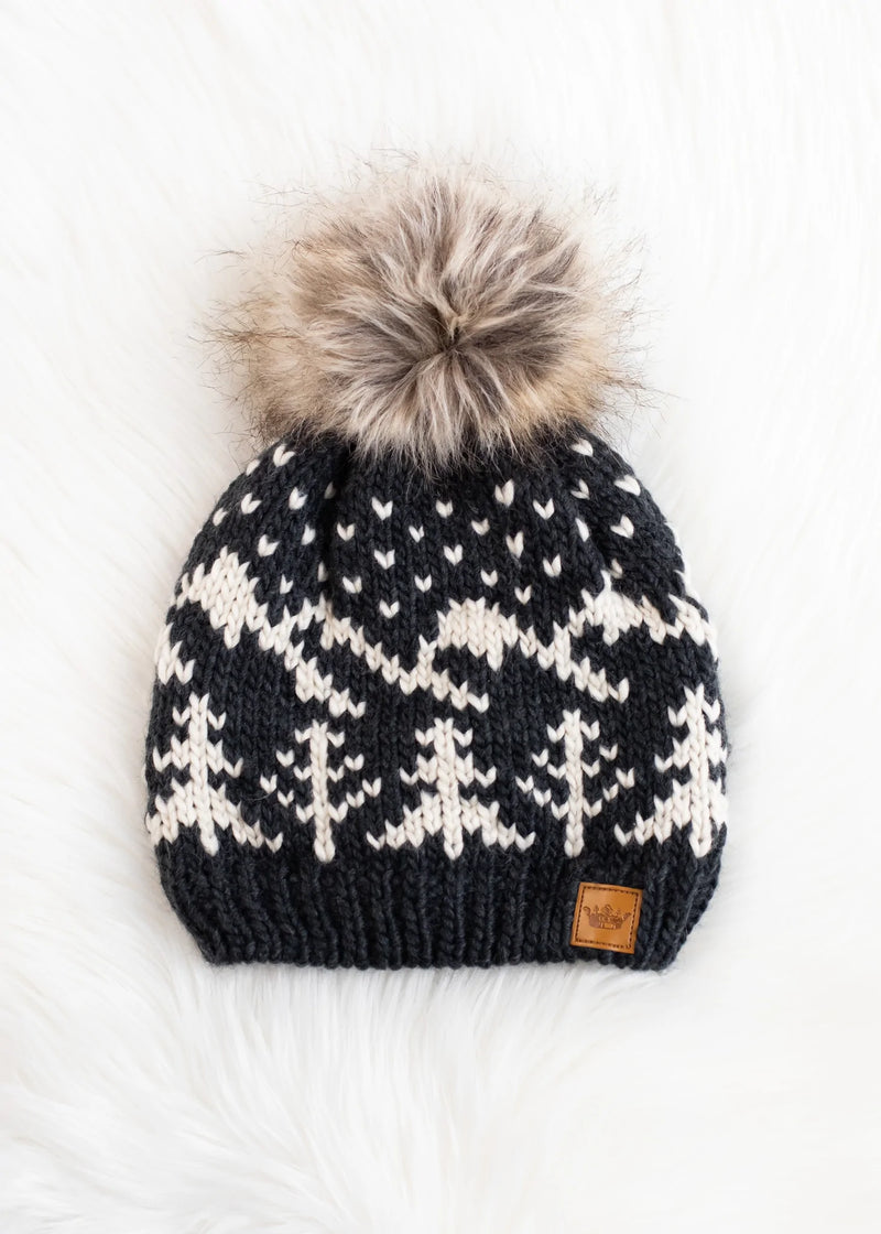 Winter Scene Knit Fleece Lined Hat - Dark Grey