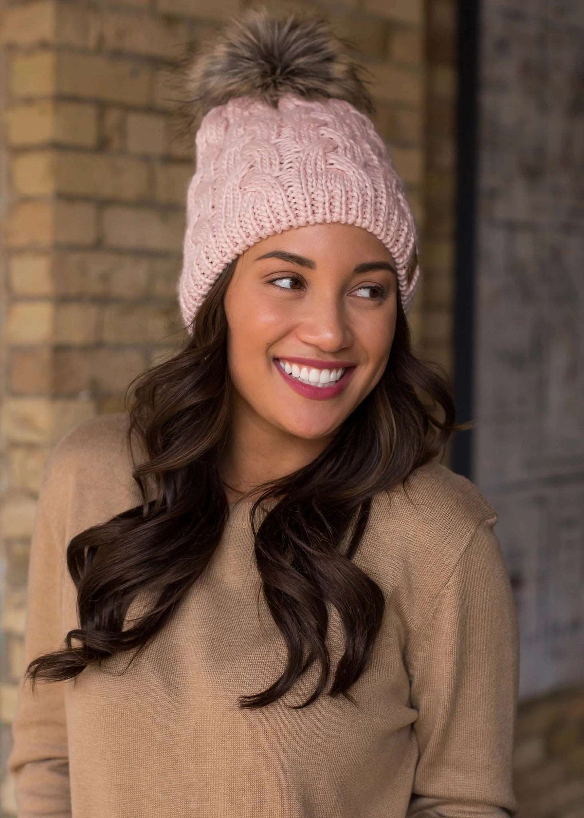 Blush Cable Knit Fleece Lined Hat
