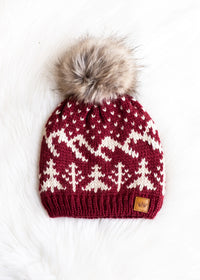 Winter Scene Knit Fleece Lined Hat -Burgundy