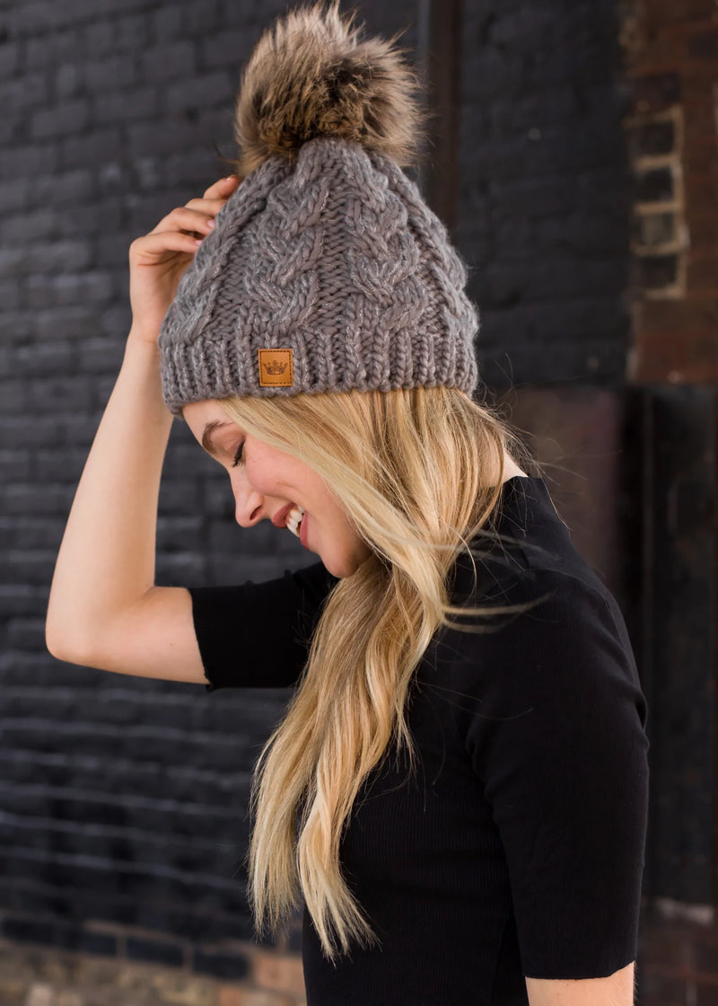 Marbled Grey Cable Knit Fleece Lined Hat