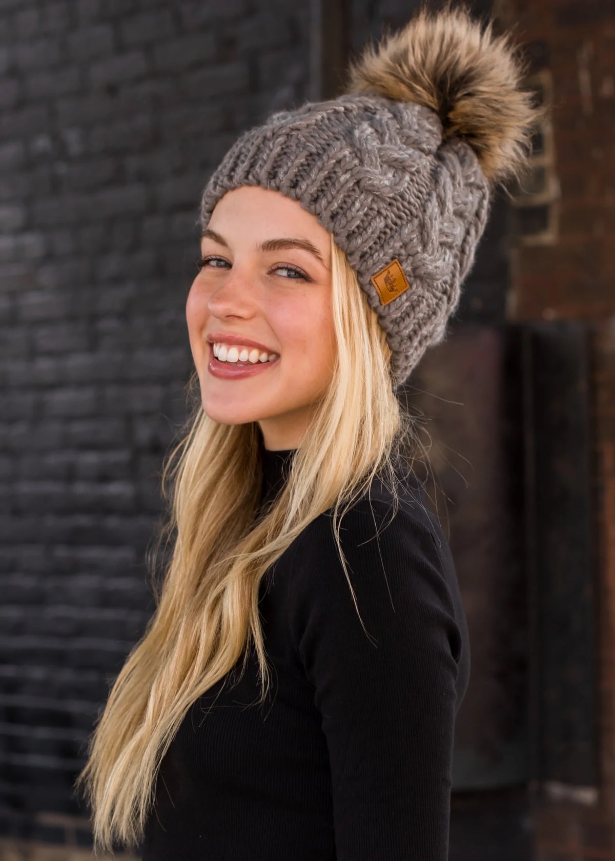 Marbled Grey Cable Knit Fleece Lined Hat