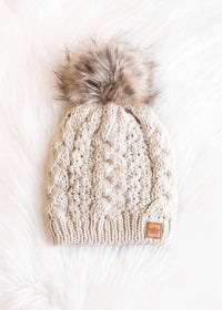 Beige Cable & Patterned Knit Fleece Lined Hat
