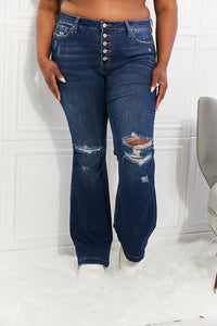 Kancan Mid Rise Distressed Button Fly Flare Jeans
