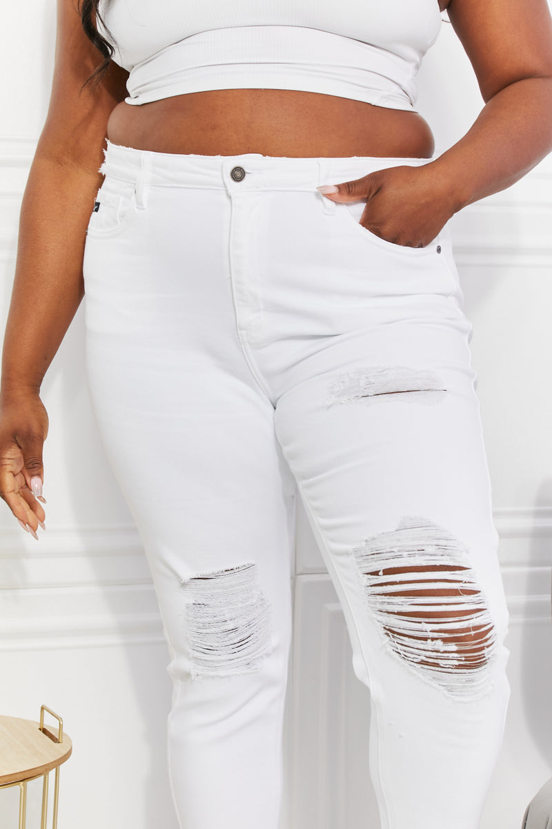 Kancan High Rise Slim Straight Distressed White Denim Jeans