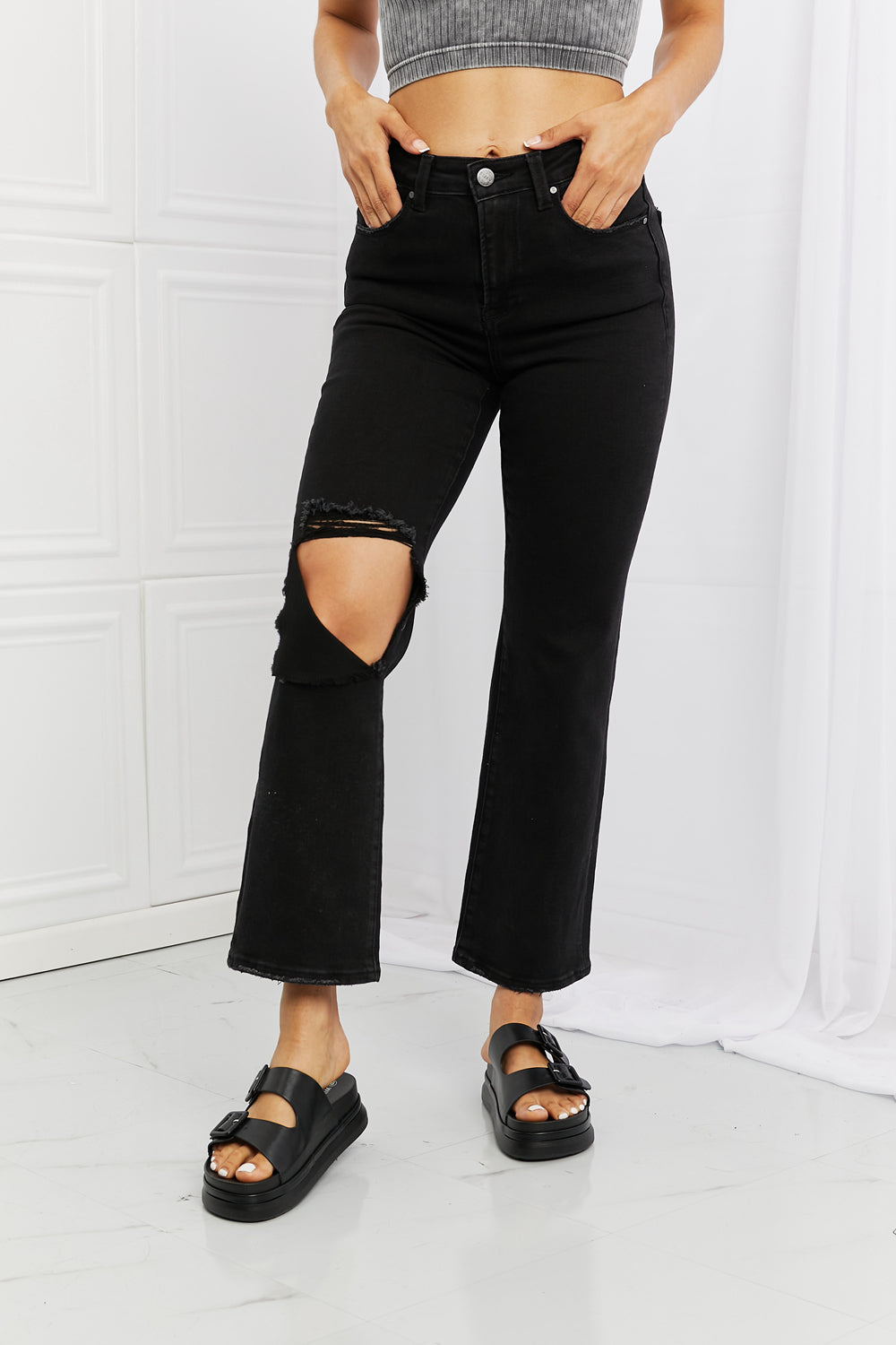 RISEN Black Denim Relaxed Fit Distressed Jeans