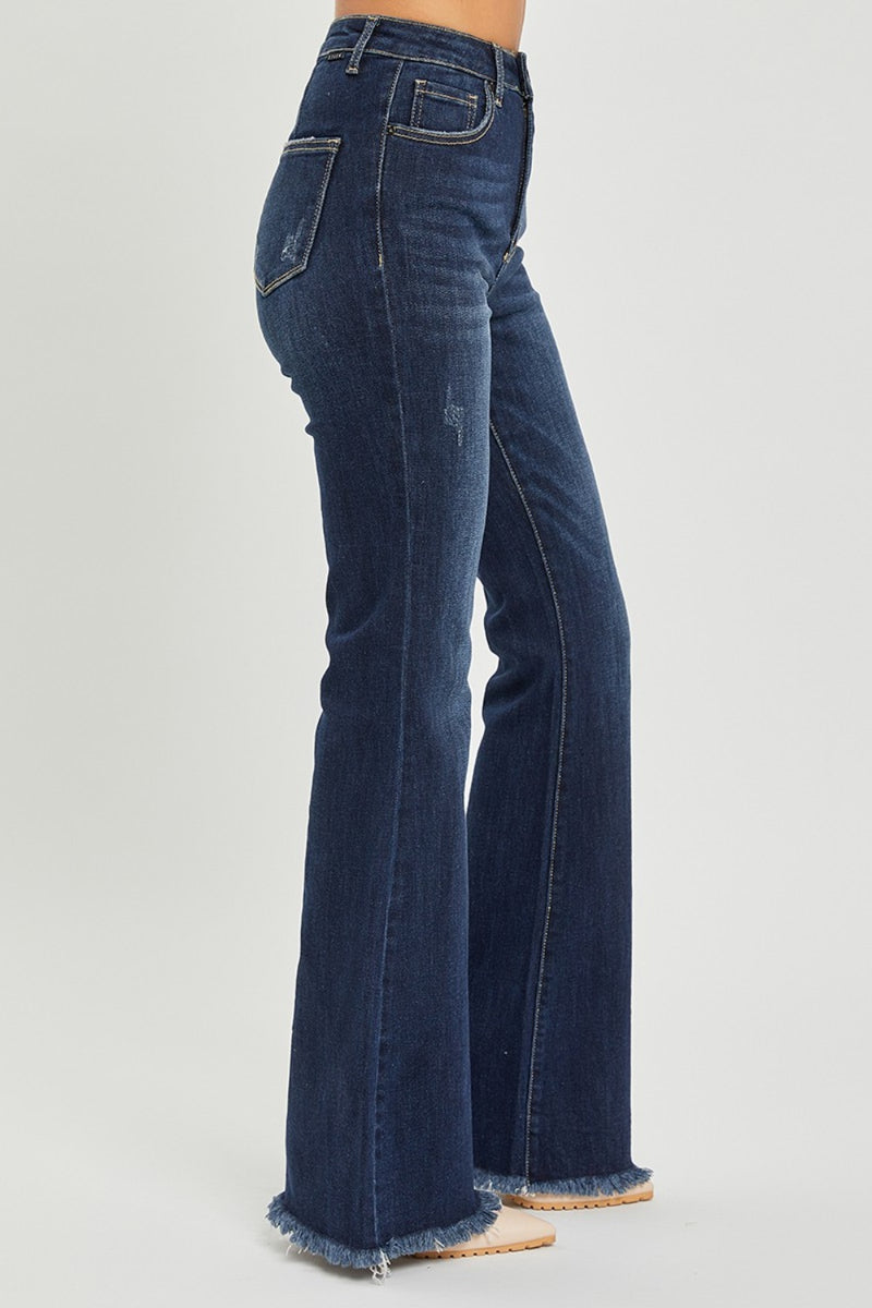 RISEN High Rise Dark Wash Vintage Frayed Hem Flare Jeans