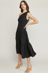 One Shoulder Tiered Black Midi Dress