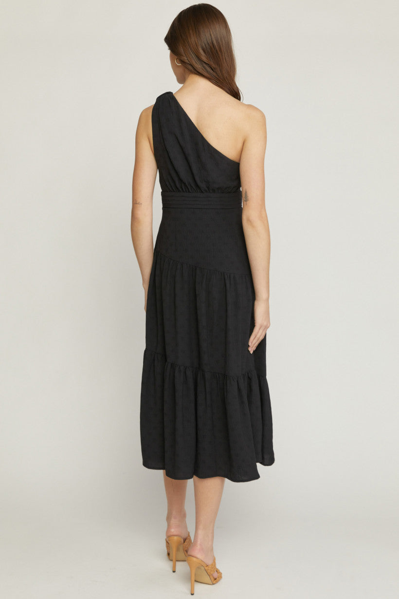 One Shoulder Tiered Black Midi Dress
